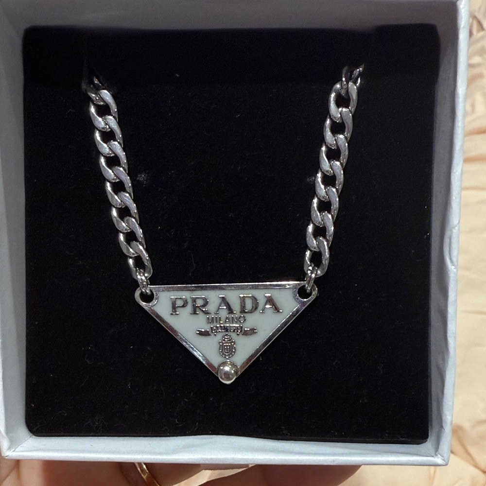 Prada Silver and White Logo Necklace